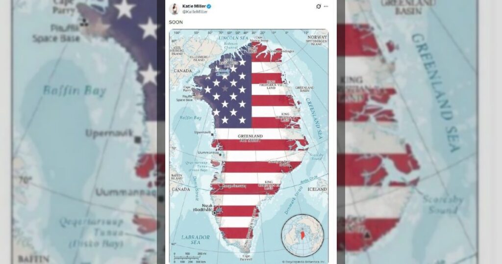 Супруга замглавы администрации Белого дома Стивена Миллера опубликовала карту Гренландии в цветах флага США с подписью «Скоро».