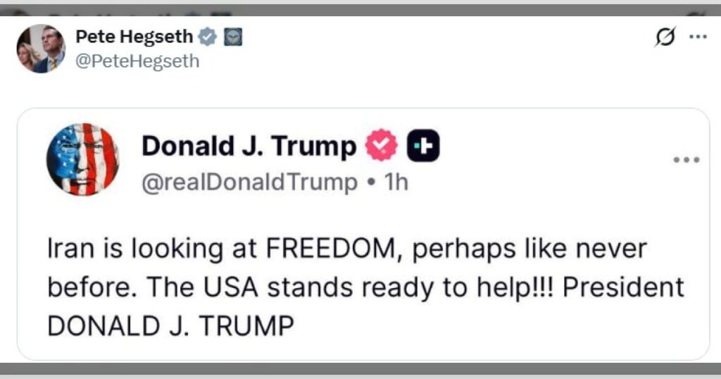 Министр войны Хегсет репостнул пост Трампа, в котором тот заявил, что США готовы помочь Ирану в стремлении к свободе