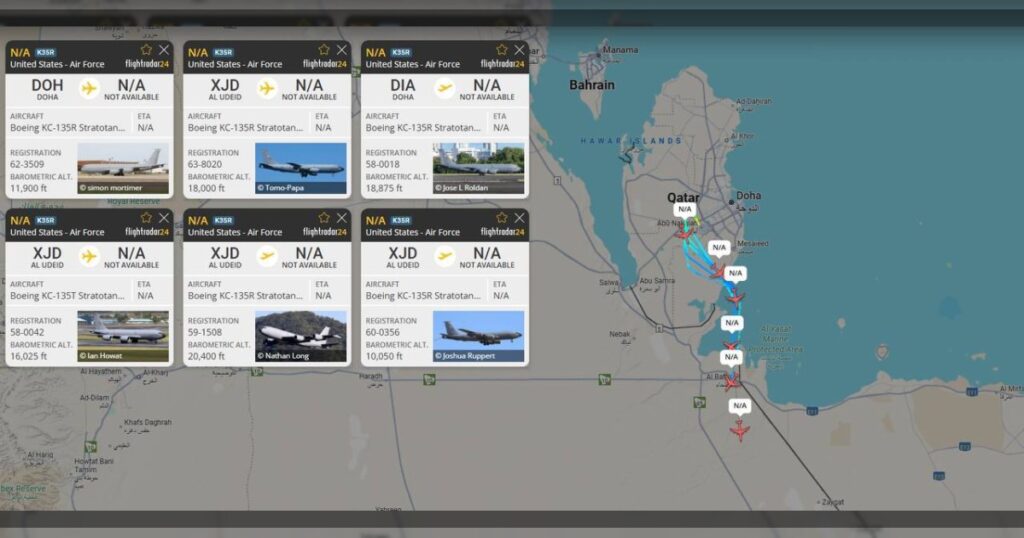 Эвакуация военных самолетов ВВС США с авиабазы Аль-Удейд началась в рамках подготовки к ударам по Ирану. Наблюдается постоянный поток из не менее шести самолетов-заправщиков KC-135R/T, вылетающих с базы в Катаре.