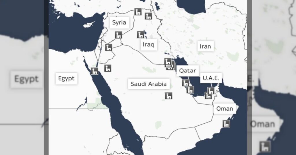 Карта военных баз США на Ближнем Востоке. Её показал Sky News.