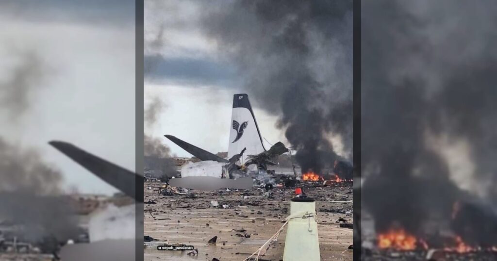 Тегеран опубликовал кадры пассажирского самолета авиакомпании Iran Air, пораженного в результате удара по аэропорту в портовом г. Бушер.