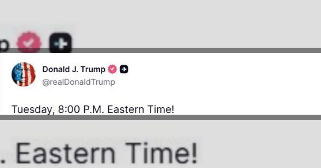 Трамп объявил дату и время. «Вторник в 08:00 по восточному времени», — написал он в соцсети Truth Social.